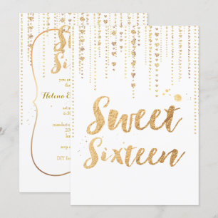 Invitación PixDezines dulce 16, Golden Hearts Strings Purpuri