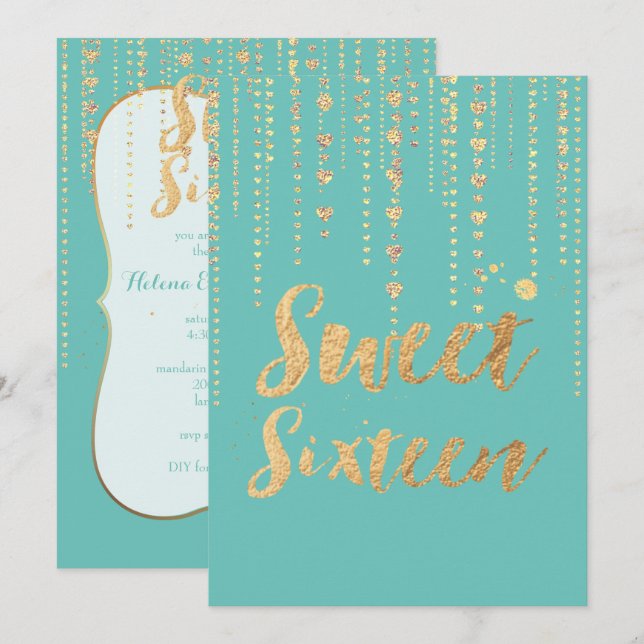 Invitación PixDezines dulce 16, Purpurina de corazones dorado (Anverso / Reverso)