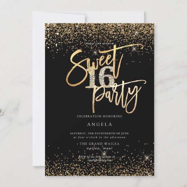 Invitación PixDezines Dulce 16 Purpurinas de oro negro de dia (Anverso)