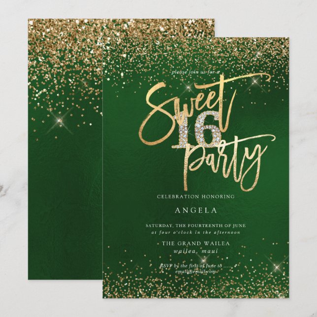 Invitación PixDezines Dulce Esmeralda Purpurina de Diamantes  (Anverso / Reverso)