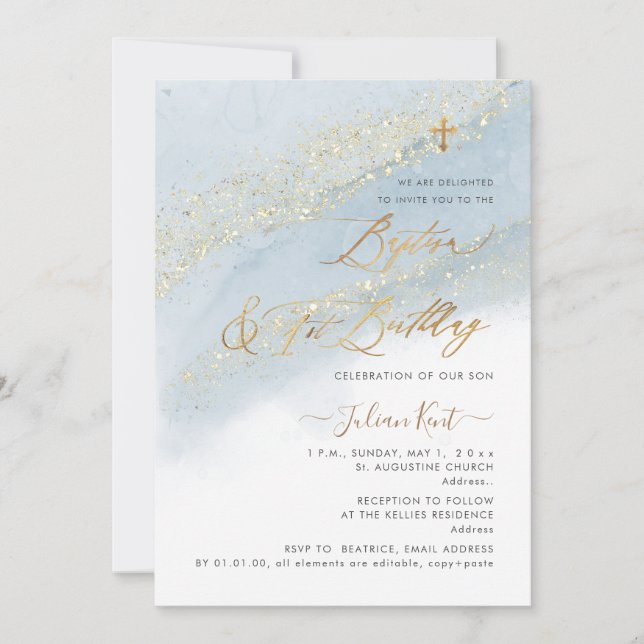 Invitación PixDezines Dusty Blue Gold Baptism+1er cumpleaños (Anverso)