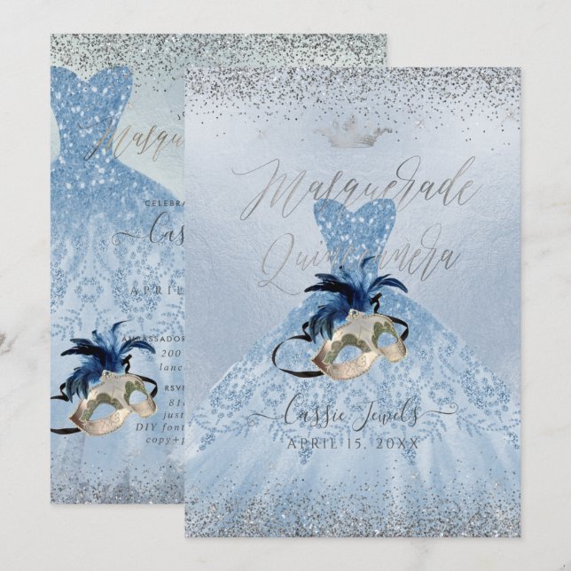 Invitación PixDezines Dusty Blue Masquerade Quinceanera Gown (Anverso / Reverso)