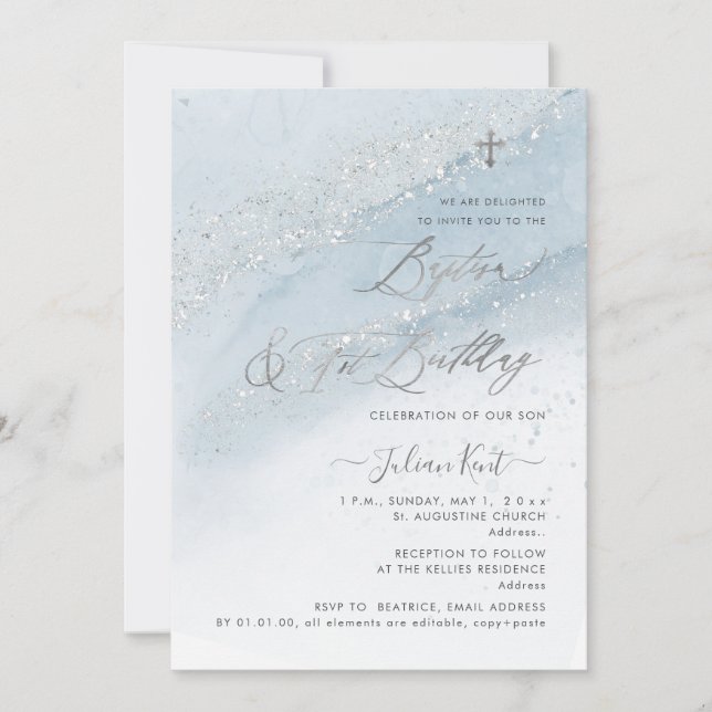 Invitación PixDezines Dusty Blue Silver Baptism+1er cumpleaño (Anverso)