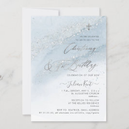 Invitación PixDezines Dusty Blue Silver Christening 1BD