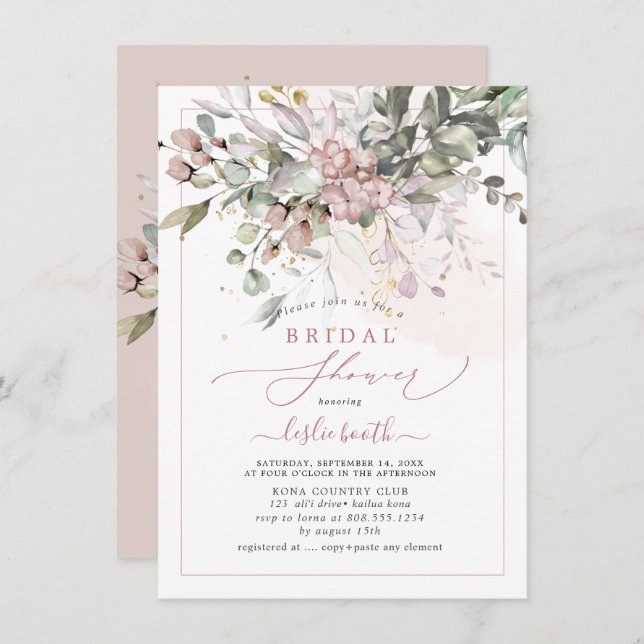 Invitación PixDezines Dusty Gum Rosa Eucalyptus Ducha Bridal (Anverso / Reverso)