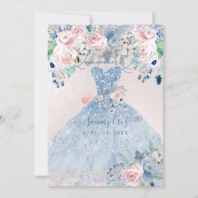 Invitación PixDezines Dusty Pink Blue Peonies Quinceanera (Anverso)