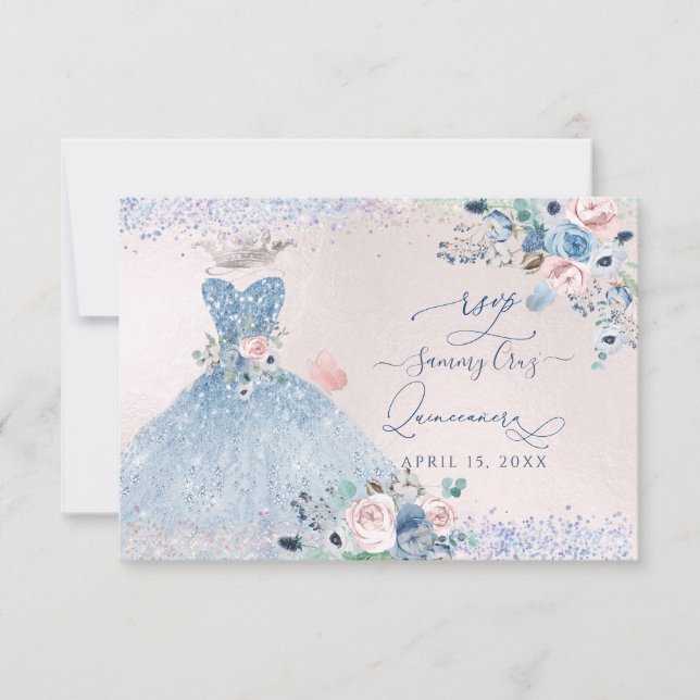 Invitación PixDezines Dusty Pink Blue Peonies RSVP (Anverso)
