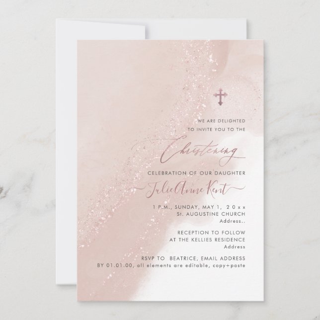 Invitación PixDezines Dusty Pink Rose Gold Christening (Anverso)