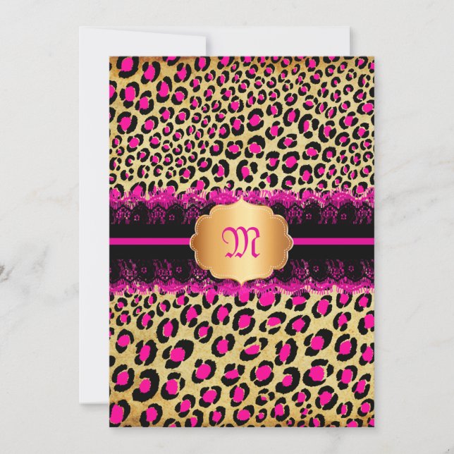 Invitación PixDezines encaje+manchas de leopardo/rosa+negro (Anverso)
