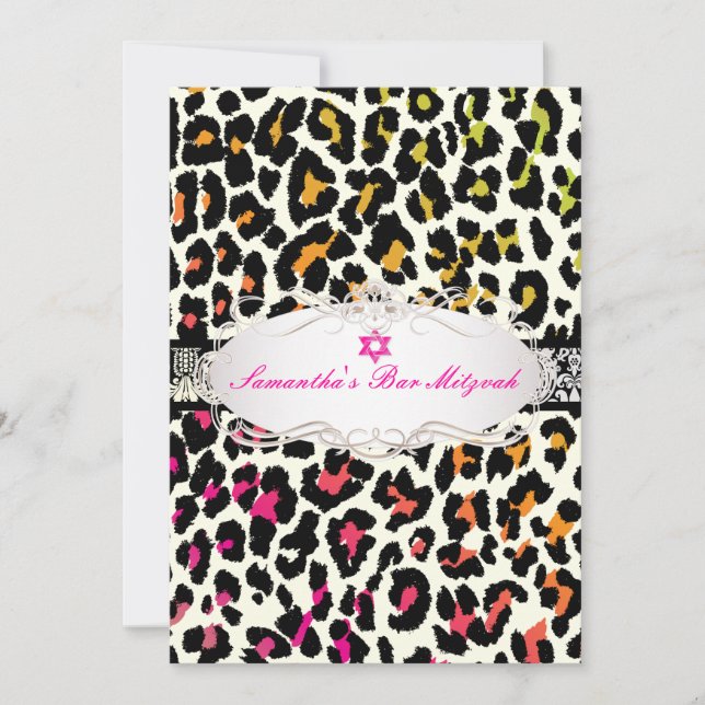 Invitación PixDezines estampado de leopardo colorido/bat mitz (Anverso)