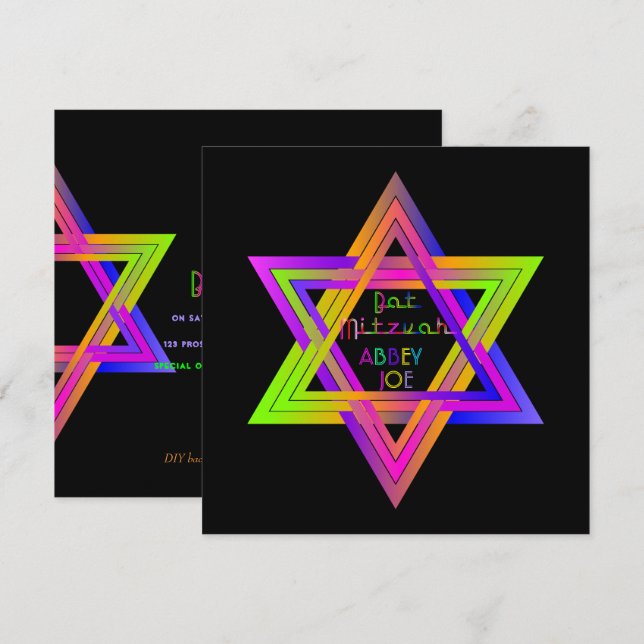 Invitación PixDezines Estrella de los colores neones de David (Anverso / Reverso)