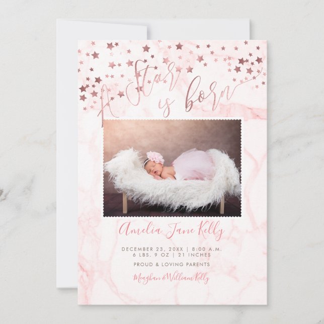 Invitación PixDezines Estrellas de Oro Rosa Falso, Nace una E (Anverso)