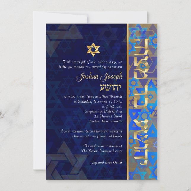 Invitación PixDezines estrellas mod/Bar Mitzvah/azul oscuro/o (Anverso)