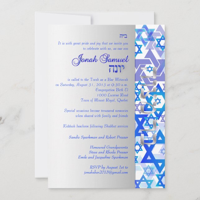 Invitación PixDezines estrellas mod/Bar Mitzvah/blue/silver (Anverso)