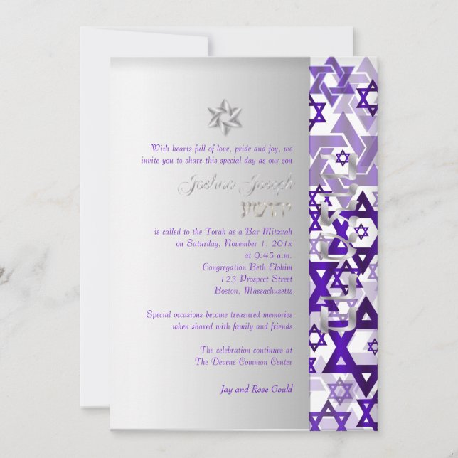 Invitación PixDezines estrellas mod/Bar Mitzvah/violet/plata (Anverso)