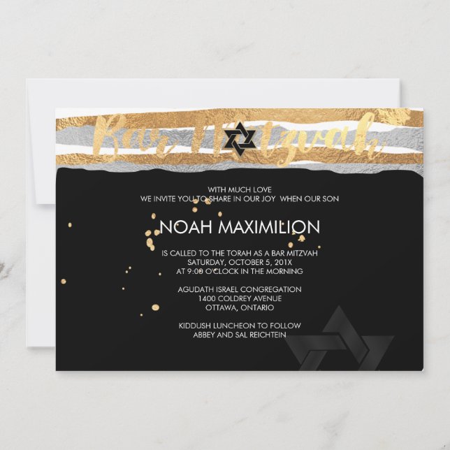Invitación PixDezines falso bar mitzvah de rayas de plata/oro (Reverso)