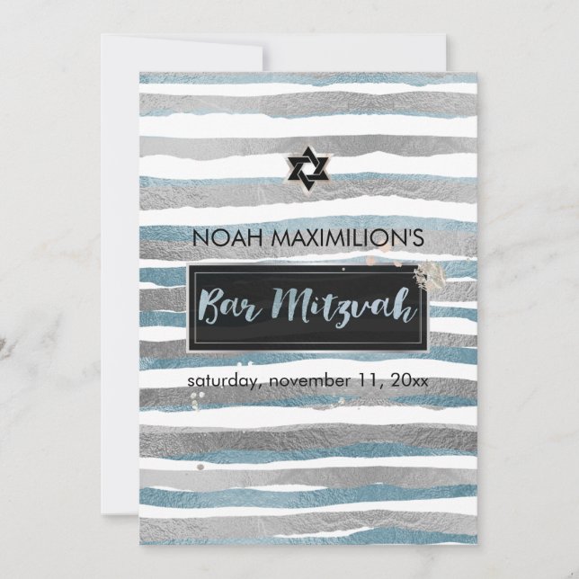 Invitación PixDezines falso bar mitzvah de rayas plateadas/az (Anverso)