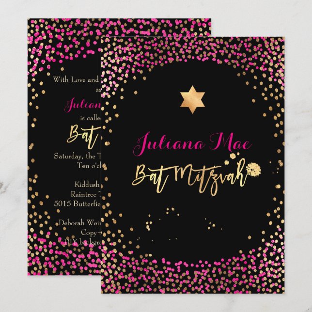 Invitación PixDezines Falso Batis Mitzvah de Confeti Rosa Fuc (Anverso / Reverso)