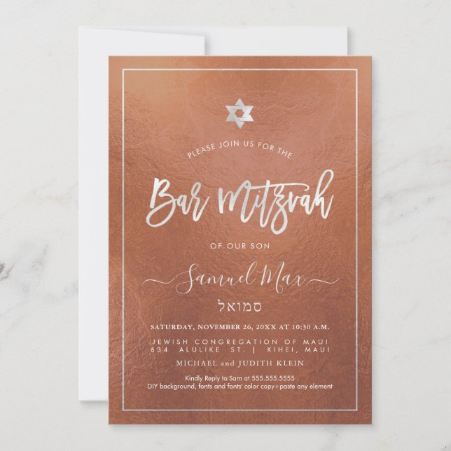 Invitación PixDezines Faux Copper+Platinum Bat Mitzvah (Anverso)