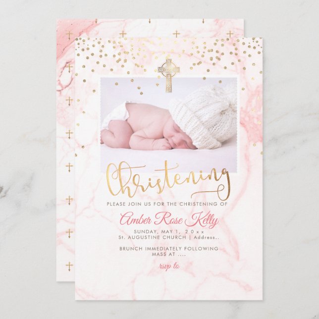 Invitación PixDezines Faux Gold Confetti+Marble Christening (Anverso / Reverso)