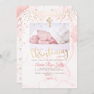 Invitación PixDezines Faux Gold Confetti+Marble Christening