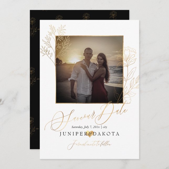 Invitación PixDezines Faux Gold Lisianthus+Delicate Branch (Anverso / Reverso)