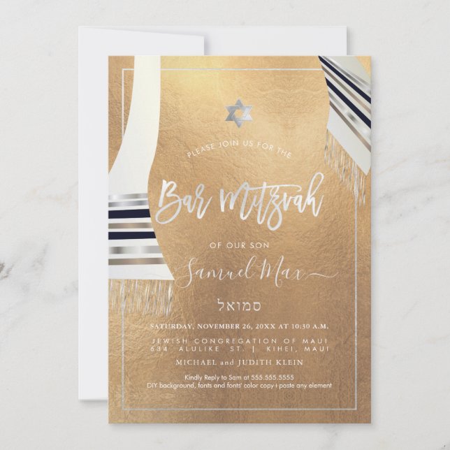 Invitación PixDezines Faux Gold+Platinum Talitz Bat Mitzvah (Anverso)
