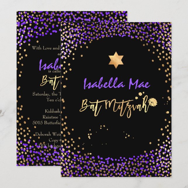 Invitación PixDezines Faux Gold+Purple Confetti Bat Mitzvah (Anverso / Reverso)