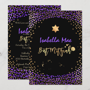 Invitación PixDezines Faux Gold+Purple Confetti Bat Mitzvah
