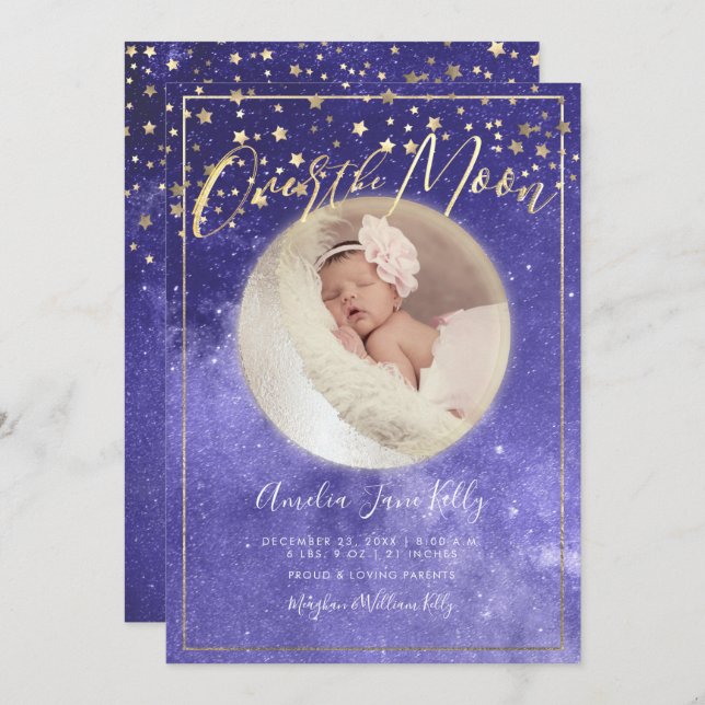 Invitación PixDezines Faux Gold+Silver, Over the Moon (Anverso / Reverso)