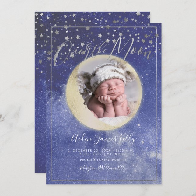 Invitación PixDezines Faux Gold+Silver, Over the Moon (Anverso / Reverso)