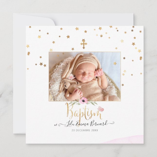 Invitación PixDezines Faux Gold Stars Baptism (Anverso)