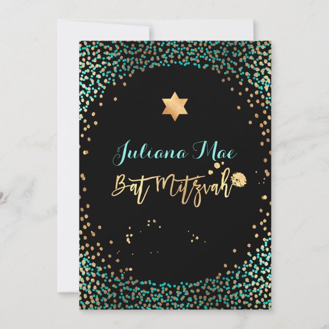 Invitación PixDezines Faux Gold+Verde azulada Confetti Bat Mi (Anverso)