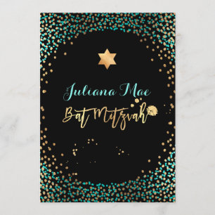 Invitación PixDezines Faux Gold+Verde azulada Confetti Bat Mi