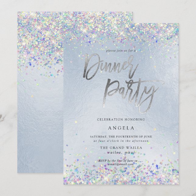 Invitación PixDezines Faux Hologram Dusty Blue Dinner Fiesta (Anverso / Reverso)