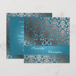 Invitación PixDezines faux platinum Flora damasco/verde azula