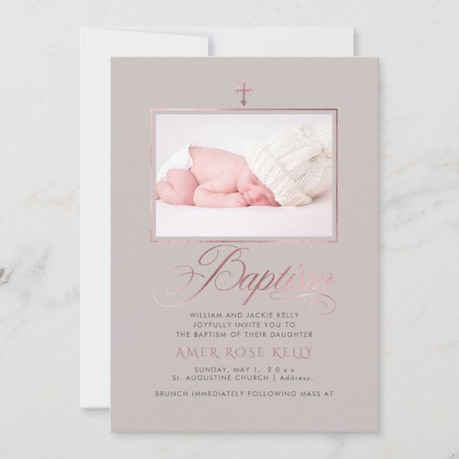 Invitación PixDezines Faux Rosa Baptismo cruzado de oro (Anverso)