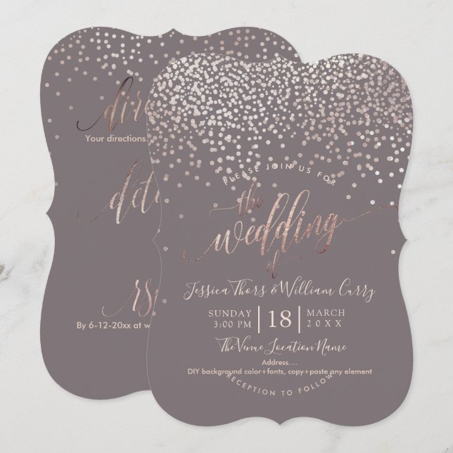 Invitación PixDezines Faux Rosa Gold Confetti Boda+RSVP (Anverso / Reverso)