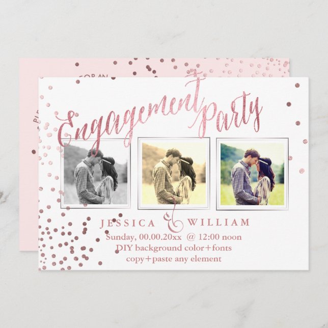 Invitación PixDezines Faux Rosa Gold Confetti Engagement Part (Anverso / Reverso)