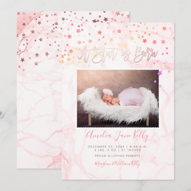 Invitación PixDezines Faux Rosa Gold Stars, Nace una estrella (Anverso / Reverso)