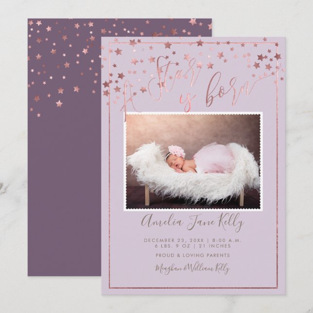 Invitación PixDezines Faux Rosa Gold Stars, Nace una estrella (Anverso / Reverso)