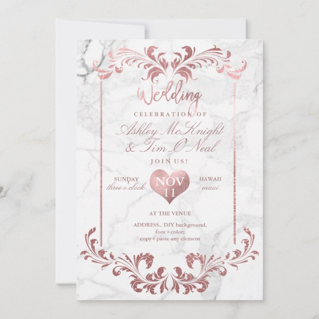 Invitación PixDezines Faux Rosa Lámpara de oro/Corazón/Mármol (Reverso)