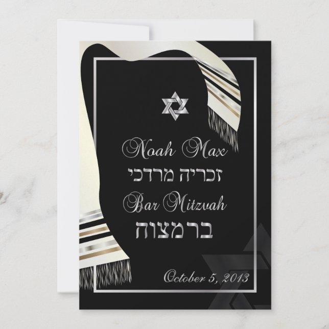 Invitación PixDezines faux seda tallit mitzvah/black+silver (Anverso)