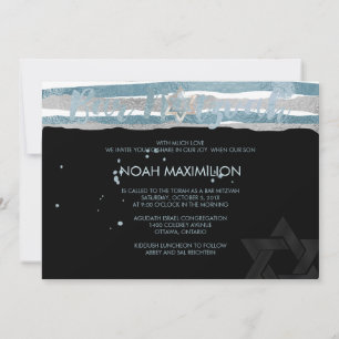 Invitación PixDezines faux silver/blue/stripes bar mitzvah
