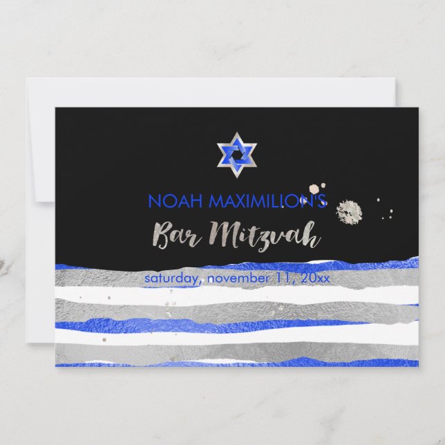 Invitación PixDezines faux silver/blue/stripes bar mitzvah (Anverso)