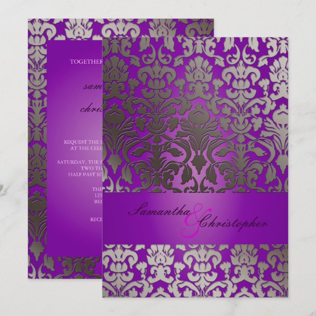 Invitación PixDezines Faux SIlver Flora Damask / Royal Purple (Anverso / Reverso)