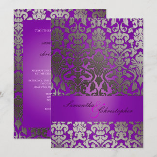 Invitación PixDezines Faux SIlver Flora Damask / Royal Purple