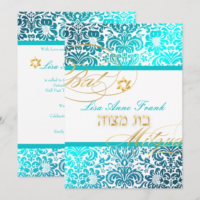 Invitación PixDezines FIDORA DAMASK BAT MITZVAH, TURQUESA (Anverso / Reverso)
