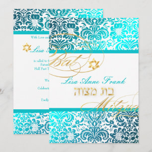 Invitación PixDezines FIDORA DAMASK BAT MITZVAH, TURQUESA