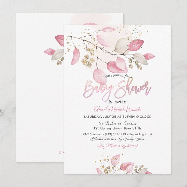 Invitación PixDezines Fiesta de Bebé de Eucalipto Rosa (Anverso / Reverso)